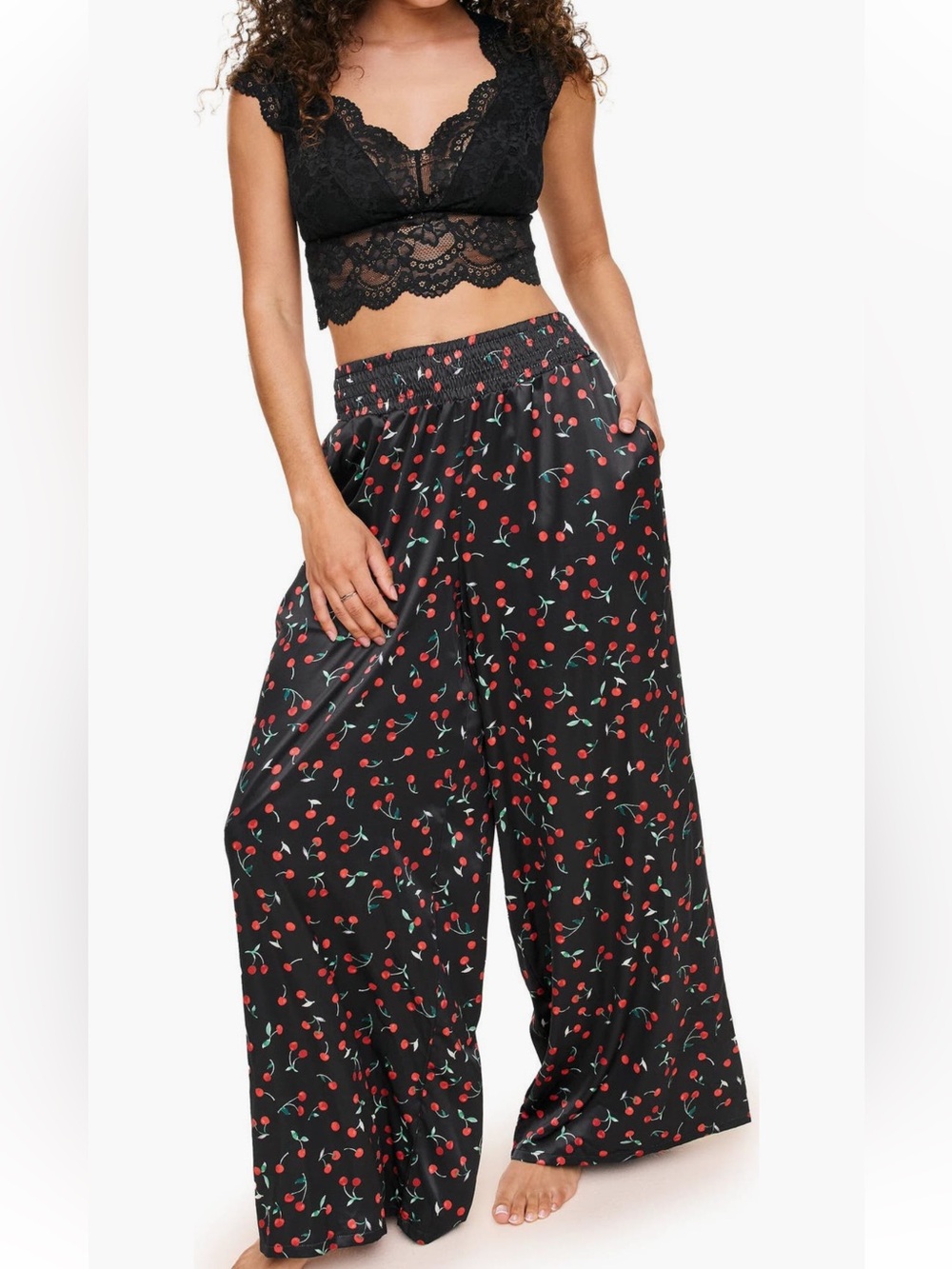 Adore Me Black Cherry-Print Wide Leg Lounge Pants 😍pockets😍& Lace Demi Bra Top